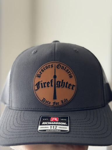 FFRO Richardson 112 trucker cap in charcoal with a round leather Data For Life patch